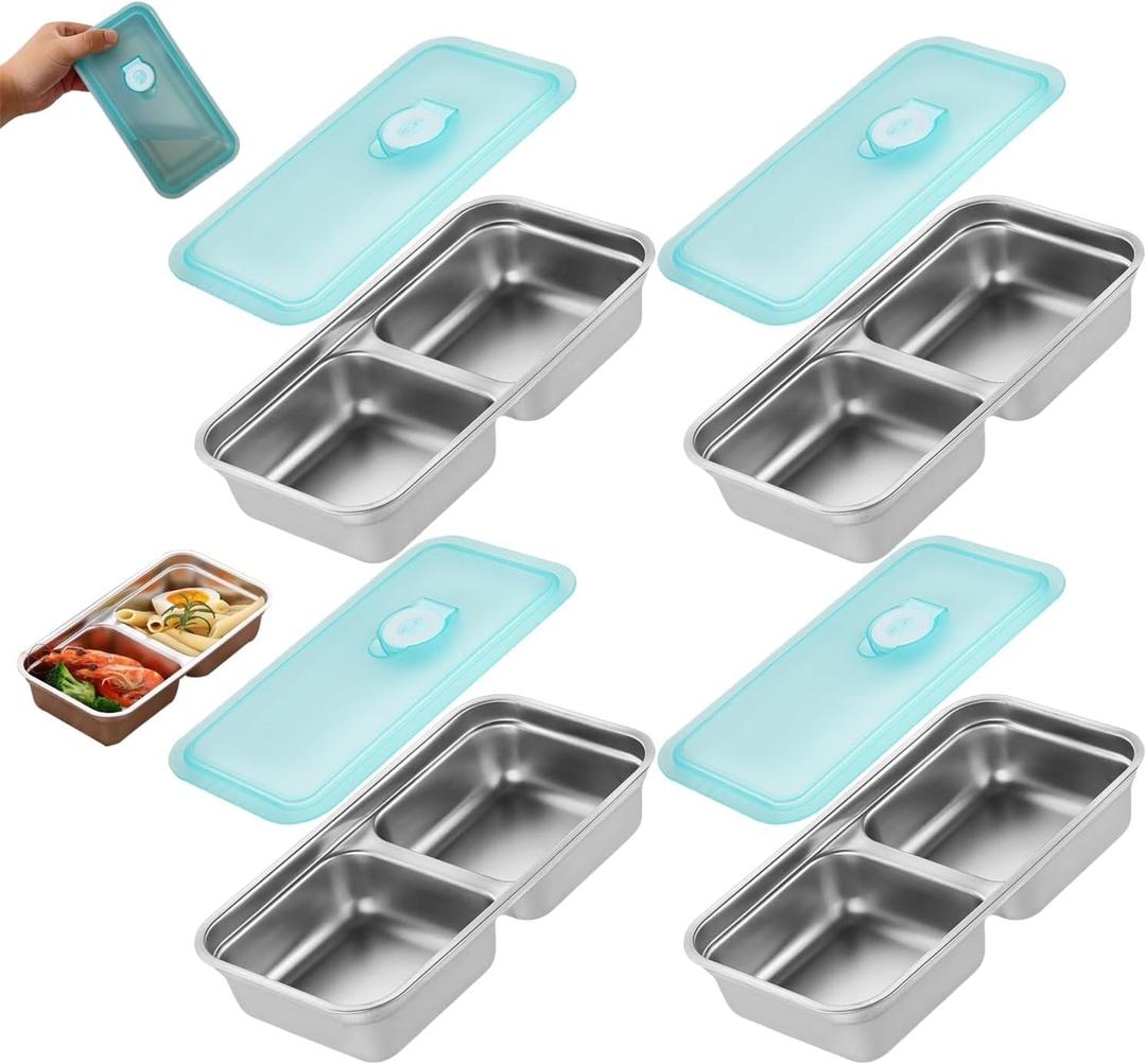 Grab and Go Snack Containers Reusable,Stainless Steel Double Compartment Snack Container,Compartment Containers with Lids,for Snacks Dips Travel and Outdoor Camping (4Pcs)