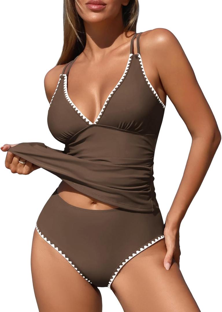 ZAFUL Womens Tankini Swimsuits V Neck Push Up Swim Top Color Block Tummy Control High Waisted Bathing Suits Swim Bottom (Small)