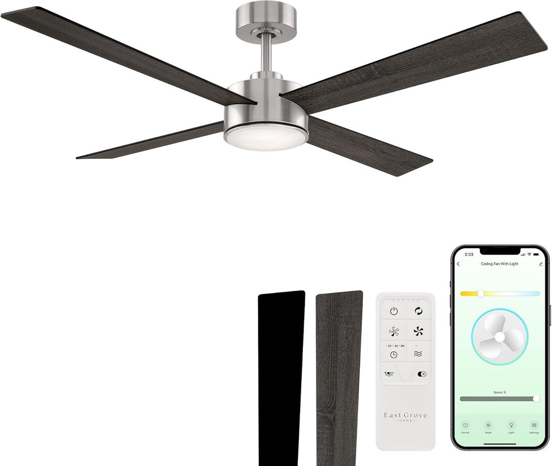 Santorini Smart 4-Blade 52in Ceiling Fan 2700K-6000K CCT Selectable LED Light Kit with Remote Control in Brushed Nickel with Reversible Blades Weathered Wood or Ebony Works With iOS or Android App