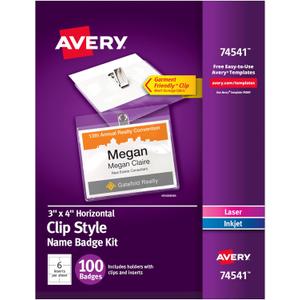 Avery Customizable Name Badges, Clip Style, 3" x 4", Clear Name Tag Holders, White Laser/Inkjet Printable Inserts, 100 Total (74541)
