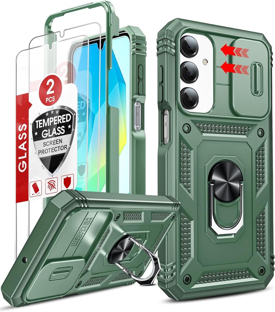 LeYi for Samsung Galaxy A17/16-5G Phone Case: Samsung Galaxy A17 5G Case with 2 X Tempered Glass Screen Protector, Magnetic Kickstand, Heavy Duty Protection para Samsung A16/A17 5G Case, Green
