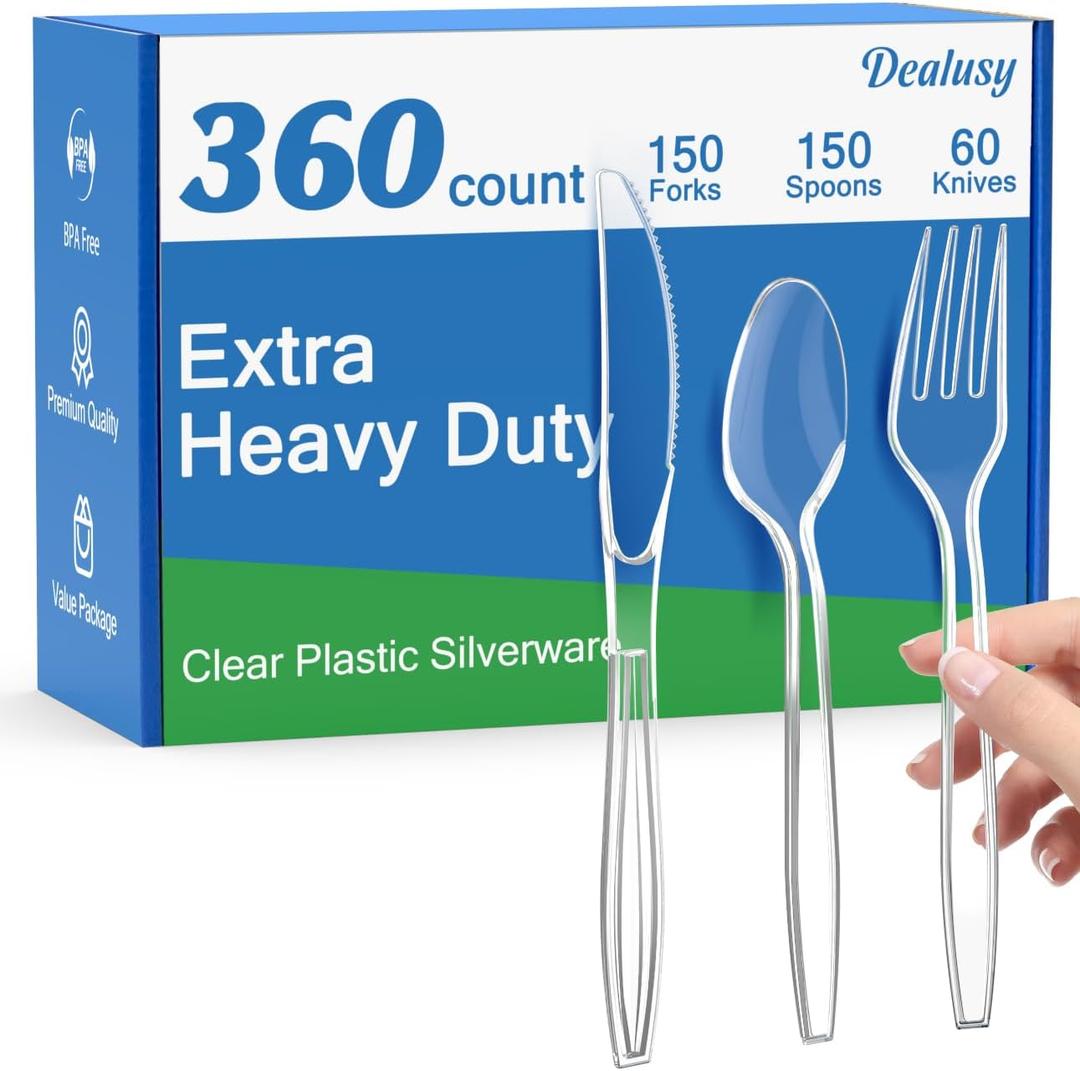 Dealusy 360 Count Extra Heavy Duty Clear Plastic Silverware, 150 Forks, 150 Spoons, 60 Knives, BPA-Free, Heat Resistant, Disposable Plastic Utensils Set, Plastic Cutlery Set, Plasticware Bulk
