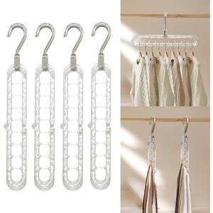 Closet Organizers and Storage, Space Saving Hangers - 4 Pack, College Dorm Room Essentials, Multi Functional Organizer Small Space Organization with 9 Holes Organization for Wardrobe Closet - Clear