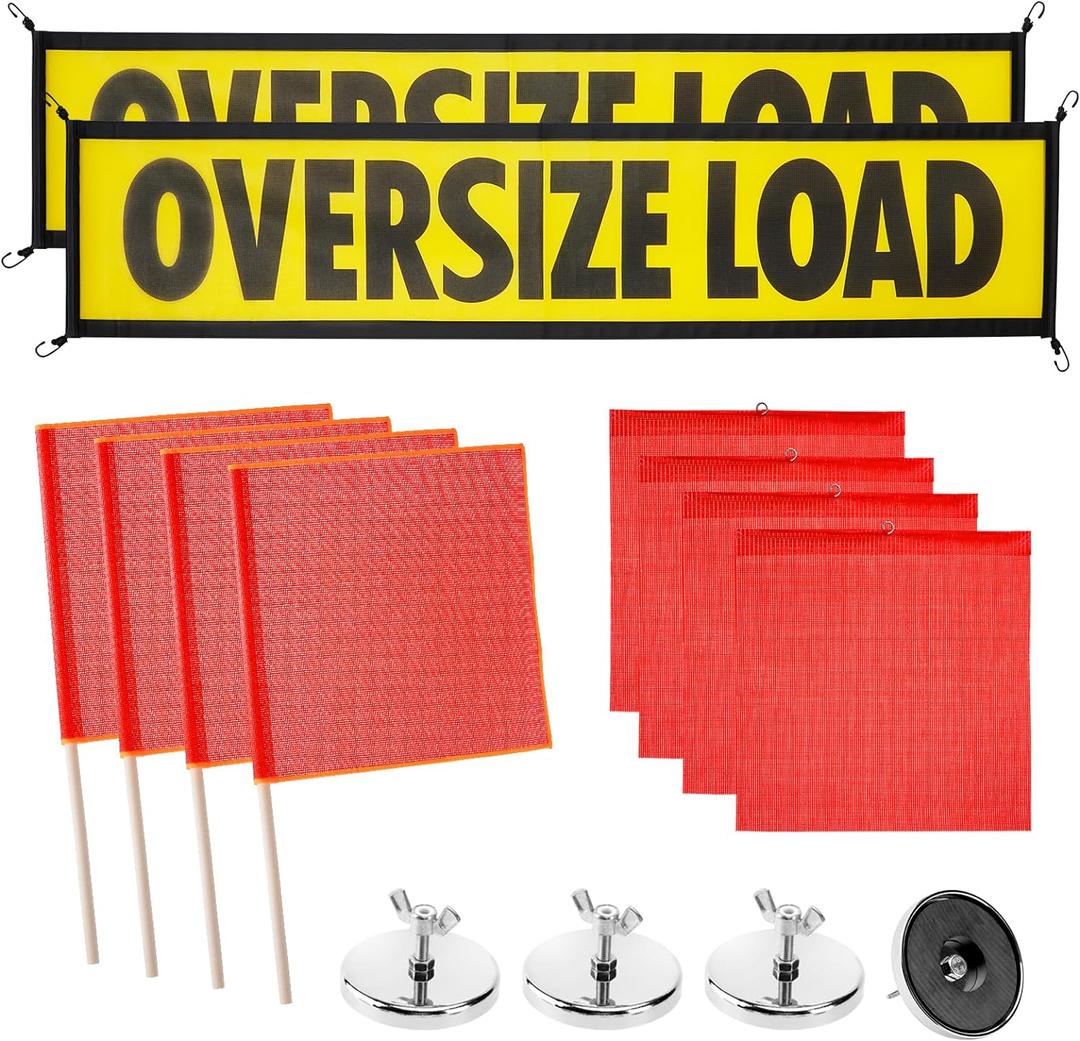 Oversize Load Signs for Trucks, 2 Oversized Load Banner, 4 Red Flag Warning, 4 Red Safety Flags with Pole, 4 Flag Magnet, Wide Load Signs for Trucks Trailer