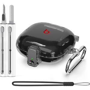 [Safety Lock] for Beats Fit Pro Case Cover,3 in 1 Cleaner Kit for Beats Fit Pro 2021,Accessories with Anti-Lost Keychain/Silicone Wrist Strap(Clear Black)