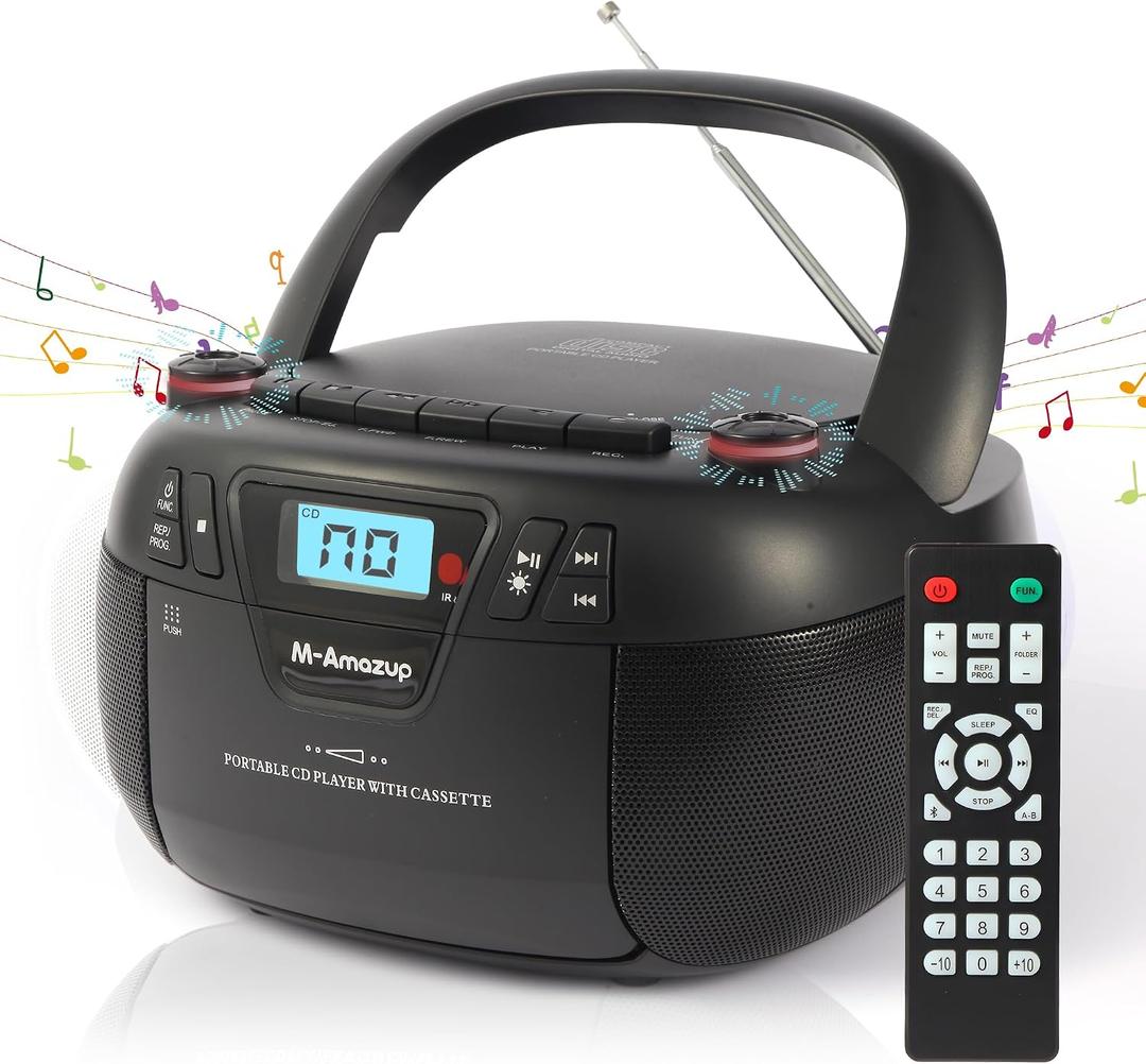 Boombox CD Player Portable Cassette Player with CD MP3 Bluetooth AUX TF/USB AM/FM Radio AC/DC Powered with Remote Control, Headphone Jack, Stereo Sound for Home,Kids,Gift(Black)