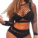 3 x Women's Mesh Lingerie Fishnet Babydoll Mini Dress Bodysuit See Through Shirts Long Sleeves Lingerie Bodysuit Cover Up (Black)