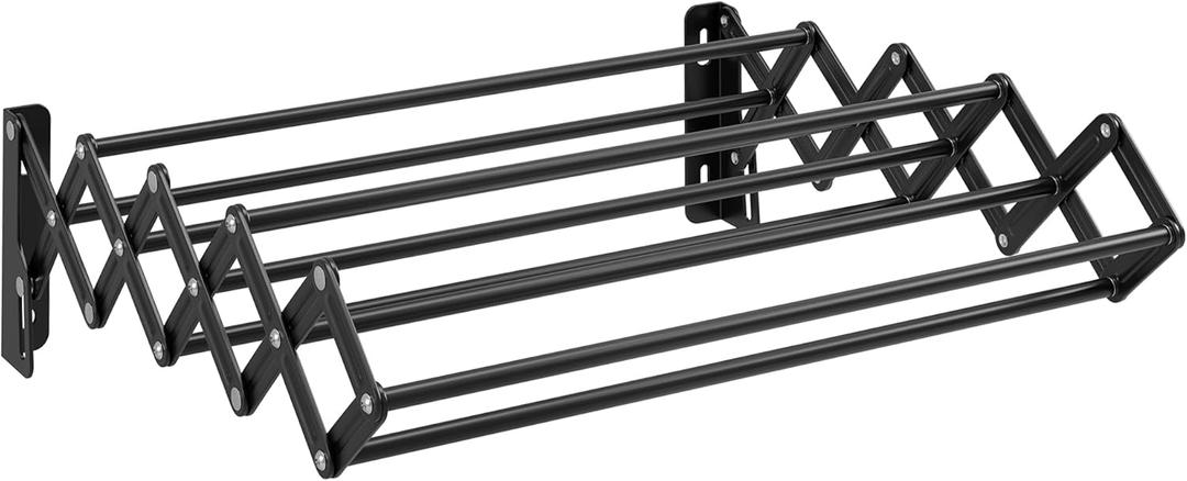 SONGMICS Clothes Drying Rack, Wall-Mounted Drying Rack Clothing, Small Accordion Laundry Rack, 9 Staggered Hanging Rods, Expandable and Retractable, Ink Black ULLR802B01 (16.5"W)