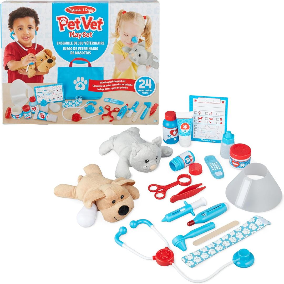 Melissa & Doug Examine and Treat Pet Vet Play Set, 24-Piece Animal Doctor Playset with Dog & Cat Plushies, Pet Doctor Kit & Accessories, Preschool Toys for Girls & Boys Ages 3+