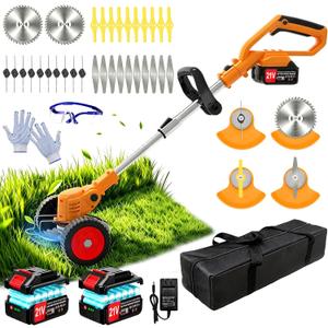 Electric Weed Wacker Cordless Eater, No String Trimmer Battery Powered 3-in-1 Lightweight Grass Trimmer/Brush Cutter/Edge, 4 Types Blade, Stringless Weed Trimmer with Wheels for Lawn Yard Garden