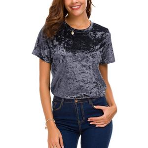 Women's Crew Neck Velvet Top Short Sleeve T-Shirt (X-Large, Purple)