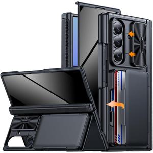 CENMASO for Samsung Galaxy Z Fold 7 Case with Card Holder [RFID Blocking] Camera Cover, Hinge Protection, Hidden Kickstand, Privacy Screen Protector, Shockproof Phone Case for Galaxy Z Fold 7-Black