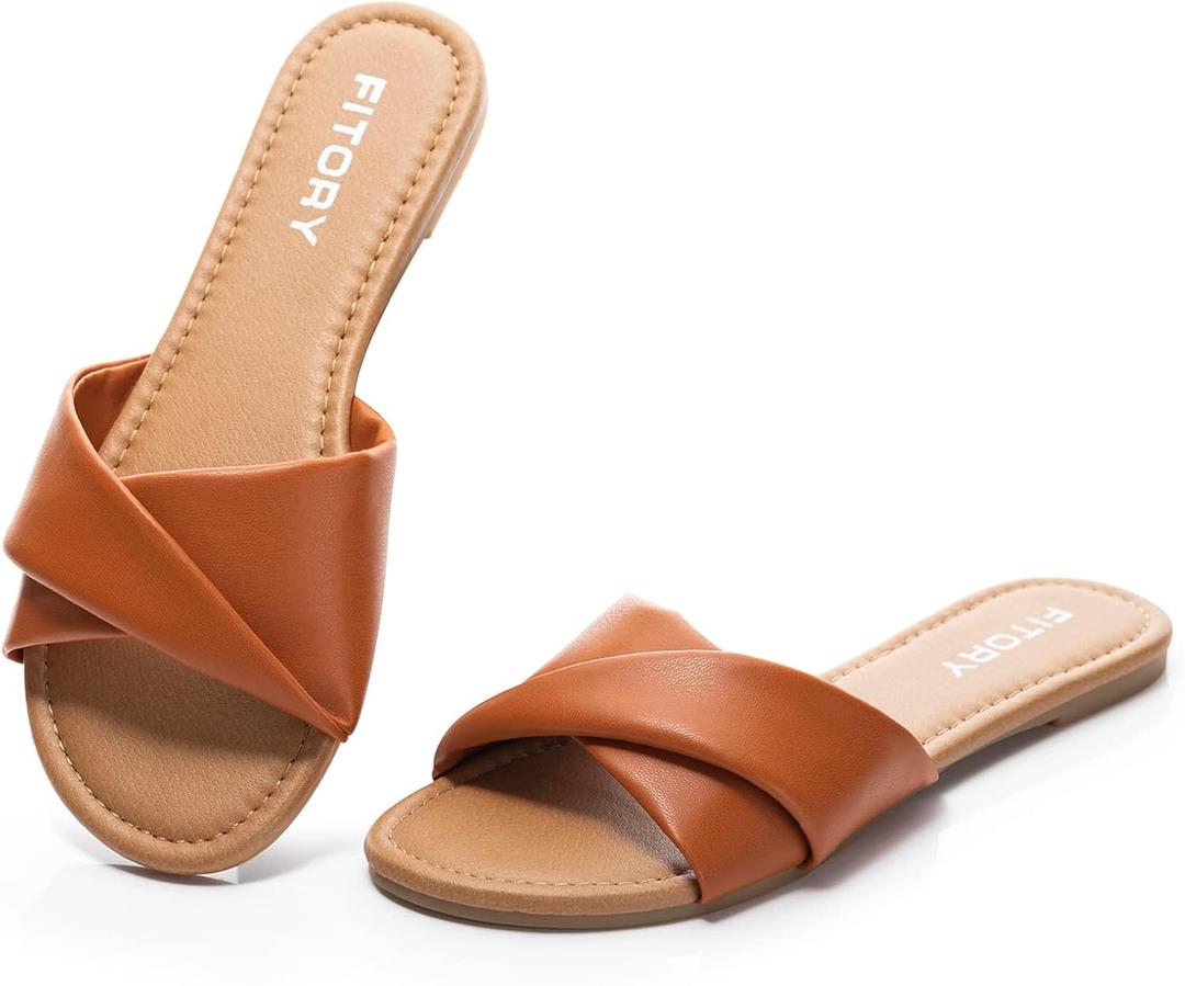 FITORY Women's Flat Sandals Fashion Slides With Soft Leather Slippers for Summer Size 6-11 (8, Brown)
