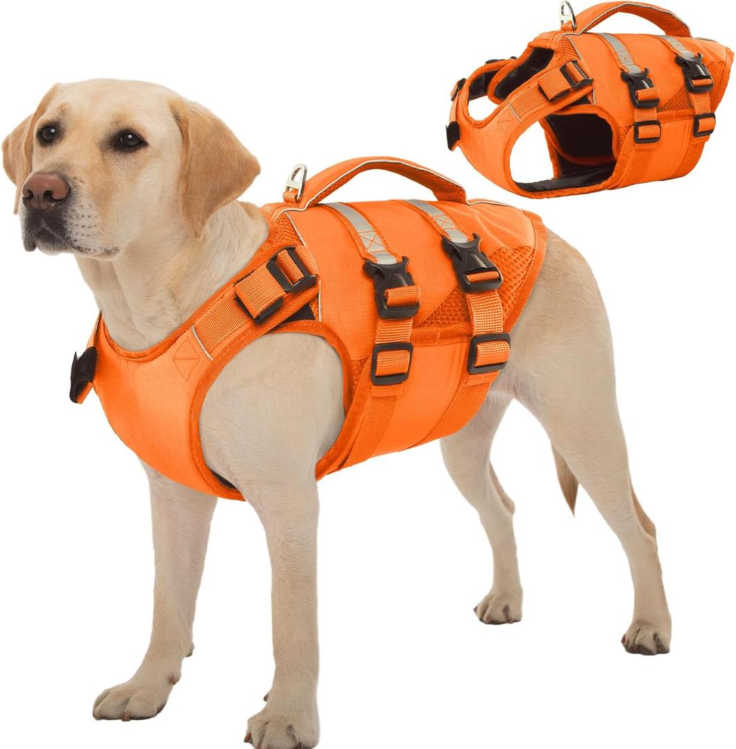 Kuoser Dog Life Jacket, High Flotation Dog Life Vest for Swimming Boating, Adjustable Ripstop Pet Lifesaver for Small Medium and Large Dogs, Reflective Safety Puppy Swimming Vest with Rescue Handle (XX-Large (Chest Girth:30.71-38.58''), A-Orange)
