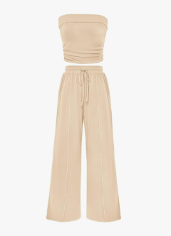 PRETTYGARDEN Womens Summer Outfits 2 Piece Sets Casual Ribbed Knit Crop Tube Top Wide Leg Pants Spring Matching Lounge Set, Size Medium