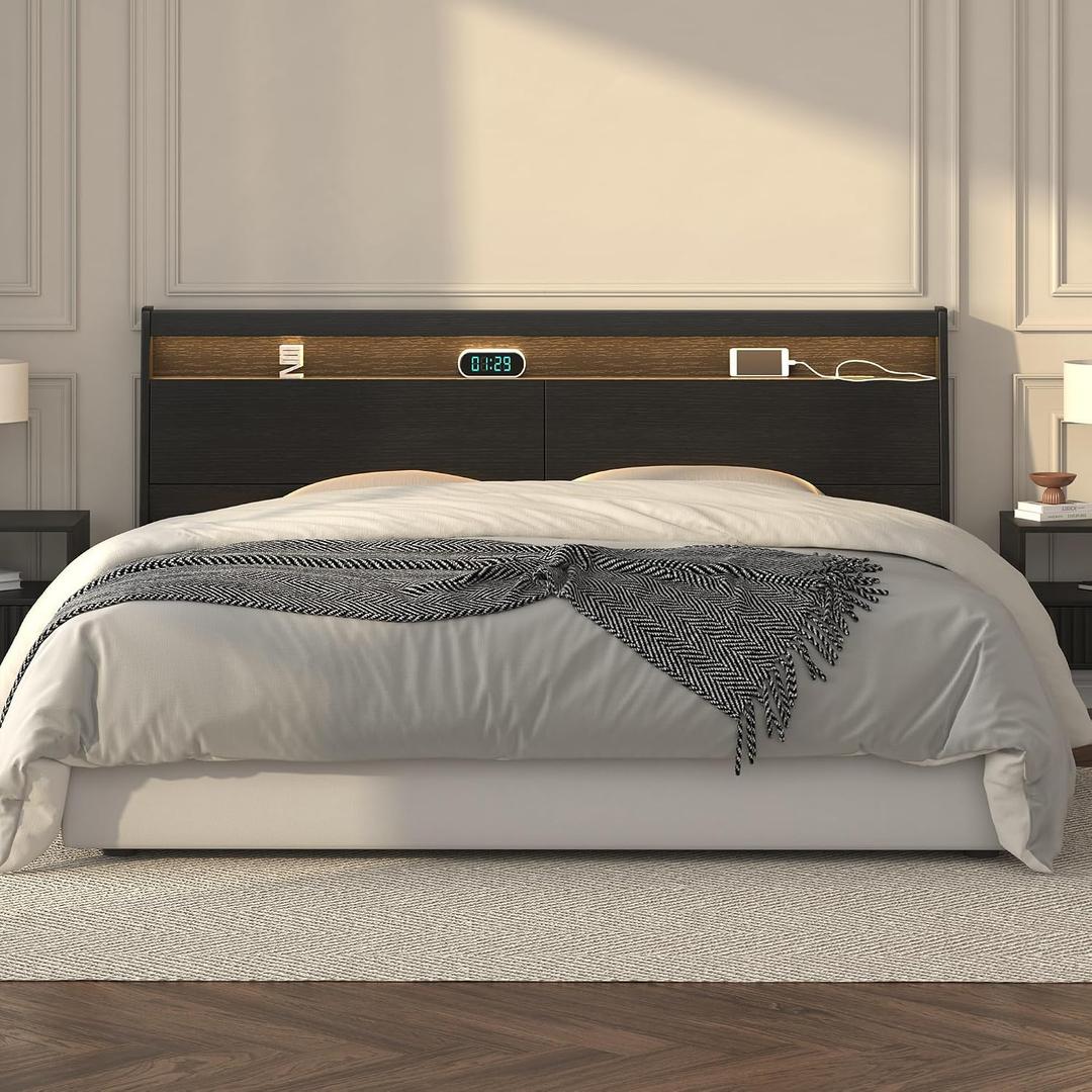 Wooden Headboard with Storage, USB Ports RGB Wall Mount (Black, Queen)