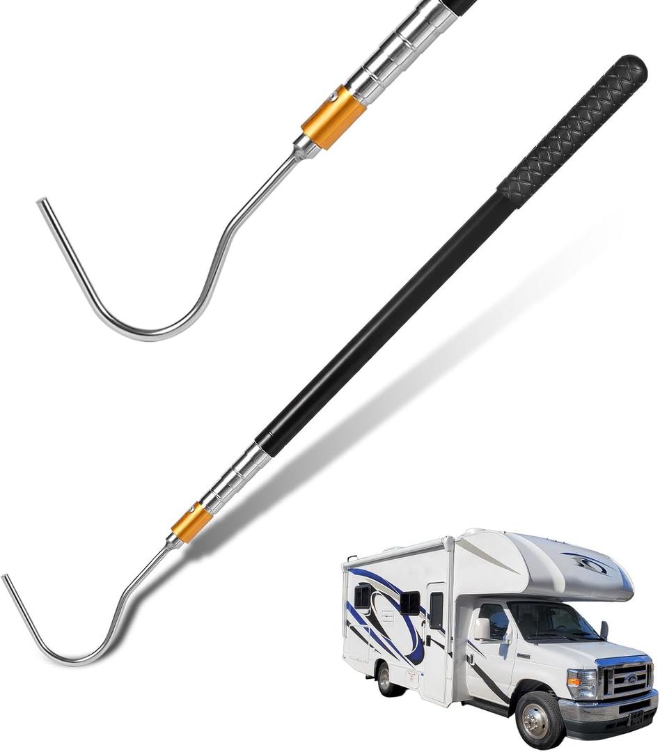 Portable RV Awning Opener Pole, 63-inch Easy Reach Telescoping Pole with Hook, Premium Stainless Steel Retractable Pole for Camper & Canopy
