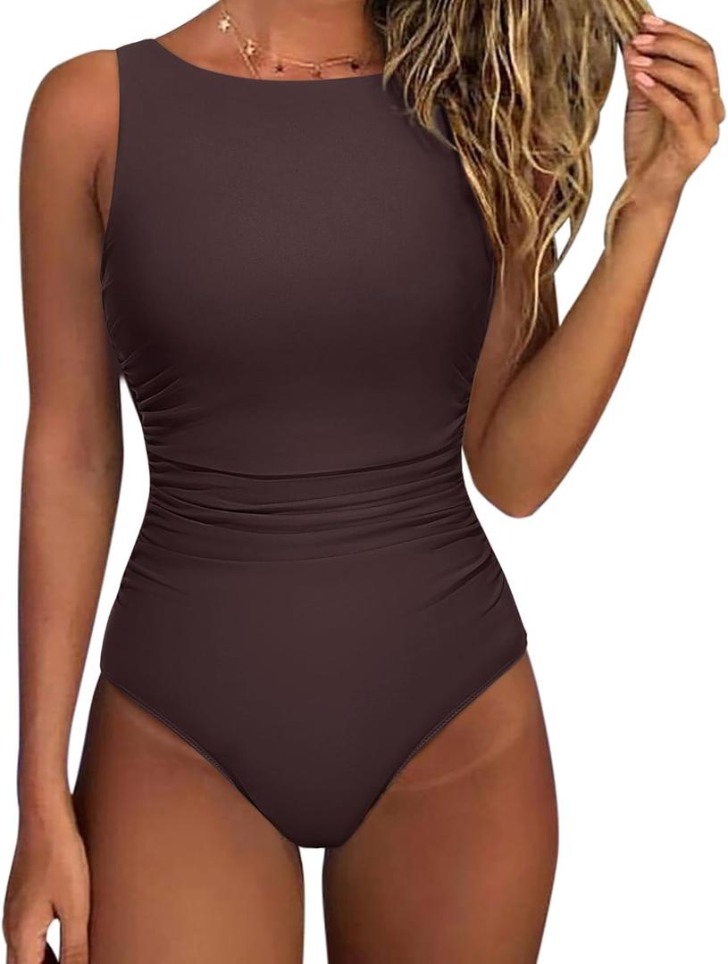 SUUKSESS Women One Piece Ruched Swimsuit Tummy Control Backless Bathing Suit (Brown, XL)
