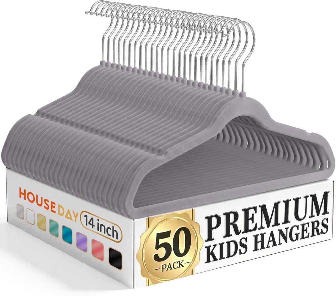 HOUSE DAY 14 Inch Kids Velvet Hangers 50 Pack, Durable Big Kid Hangers for Youth, Teen, Non Slip Kids Felt Hanger, Cute Childrens Hanger for Closet, Grey (Gray)