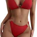 SweatyRocks Women's Ring Linked Halter Push Up Bikini Swimsuit High Stretch Bathing Suit Swimwear Set Swimming Suit Two Piece Red M