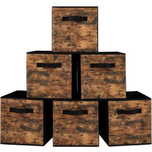 Stero Fabric Storage Cubes, 6 Pack Foldable Storage Bins with Handle, 11 Inch Box for Shelves, Closet, Organizer, Rustic Brown and Black