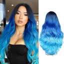 WIGER Long Blue Wavy Wigs for Women Ombre Blue Body Wave Mermaid Hair Wigs Long Curly Synthetic Hair for Daily or Cosplay