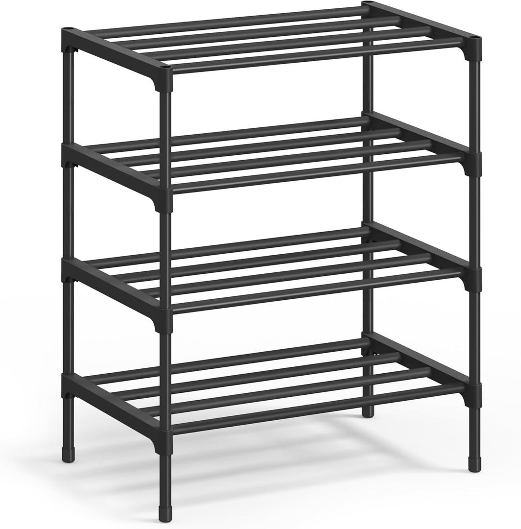 SONGMICS 4-Tier Shoe Rack for Closet, Compact Metal Shoe Organizer Shelf for Entryway, Bedroom, Small Spaces, Stackable, 11.8 x 17.7 x 26 Inches, Black ULSA114BH01