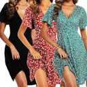 ChongBaiJia 3 Piece Womens Sundresses Summer Floral Short Sleeve Wrap V Neck A-Line Midi Casual Vacation Dresses 2025 Size S