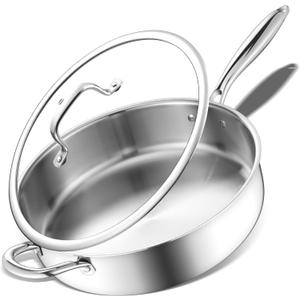 E-far 12 Inch Deep Frying Pan with Lid, 6 Quart Tri-Ply Stainless Steel Saute Pan, Kitchen Skillet, Healthy Non-toxic Cooking Pan for Induction Ceramic Gas Stoves, Heavy Duty, Oven & Dishwasher Safe