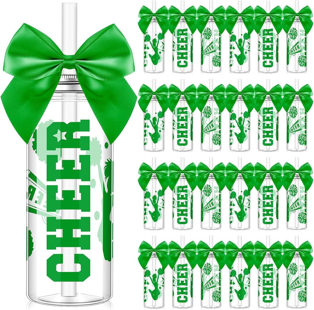 Cheerleader Gift Bulk for Team Cheer Cups 14 oz Bow Water Bottle Plastic Cheer Tumblers with Lid and Straw for Cheerleader Sport Party Favor Gift(Green,24 Pcs)