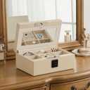 VALINIRT Jewelry Safe, Biometric Fingerprint Safe, Leather Wrapped Jewelry Box with Lock & Mirror, Ultra-Lightweight Jewelry Box Suitable for Home Use & On-the-Go(Three-Tier White)