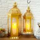 JHY DESIGN Set of 2 Outdoor Candle Lanterns 22"&17" H Decorative Vintage Metal Candle Holders for Garden Porch Indoor Outdoor Parties Weddings Patio Home Decor(Gold)