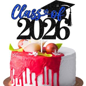 5 x Class of 2026 Cake Topper, Congrats Grad/You Did It, Congratulations High School College Graduation Party Decorations, Black and Blue Glitter, (Assorted )