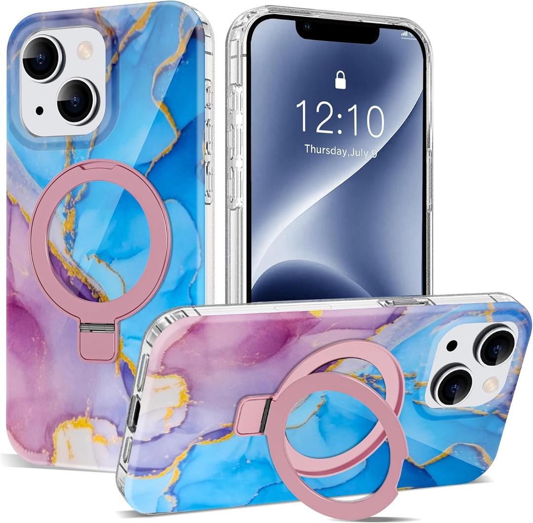 Compatible with iPhone 14 Plus Case Marble Pattern with Magnetic Ring Stand [Compatible with Mag-Safe] TPU Protective Phone Case for iPhone 14 Plus 6.7" for Women, Marble Purple Blue