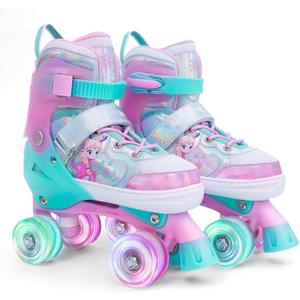 Girls Adjustable Roller Skates All Wheels Luminous Light Up Roller Skate Shoes for Kids Children (Pink)