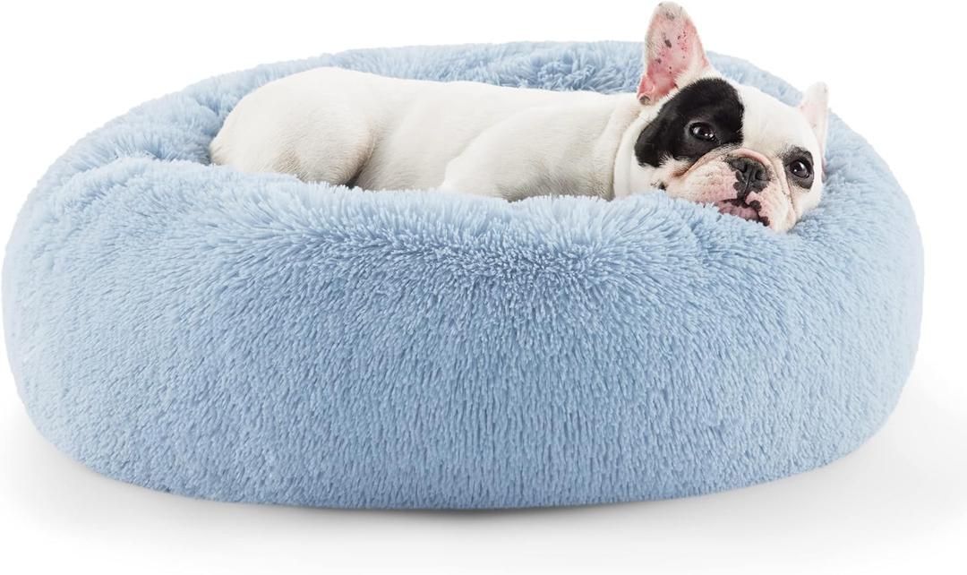 Bedsure Calming Dog Bed for Small Dogs - Donut Washable Small Pet Bed, Round Anti-Slip Fluffy Plush Faux Fur Large Cat Bed, Fits up to 25 lbs Pets, Light Blue, 23 inches