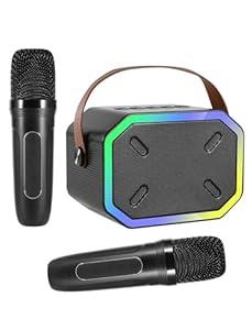 Karaoke Machine for Kids and Adults, Mini Portable Bluetooth Speaker with 2 Wireless Microphones, Led Lights for TV, Kids Gifts for Girls Boys Family Party Birthday (Black)