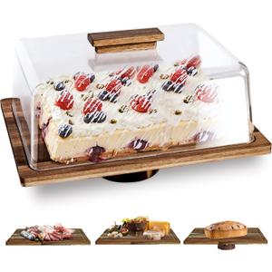 NWK 3-in-1 Acacia Wood Cake Stand with Dome Rectangular 15.5 x 12 inch Rustic Dessert Plate with Base, Food Serving Platter with Bowl, Charcuterie Cheese Board, Acrylic Cover Shatterproof (Wood)