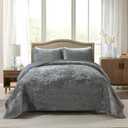 Travan Luxury Velvet Quilt Set King Size, Ultra Soft Velvet Bedding Sets, Lightweight Quilted King Quilt Bedding Set, Oversized Bedspread Coverlet with 2 Shams for All Season, Gray (KING/CAL.KING (106"x98"))