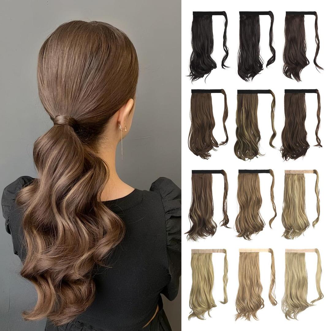 SOFEIYAN Curly Ponytail Extension 15 Inch Heat Resistant Synthetic Natural Wavy Hairpiece Wrap Around Pony Tail Hair Extensions (Medium Brown / Light Auburn Mixed)