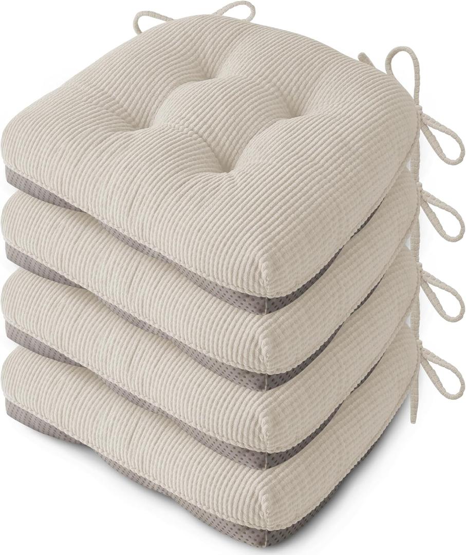 Indoor Kitchen Chair Cushions Set of 4 18"X16.5"X3" Soft Anti Slip Dining Chair Pads Tufted Kitchen Seat Cushion with Ties, Beige