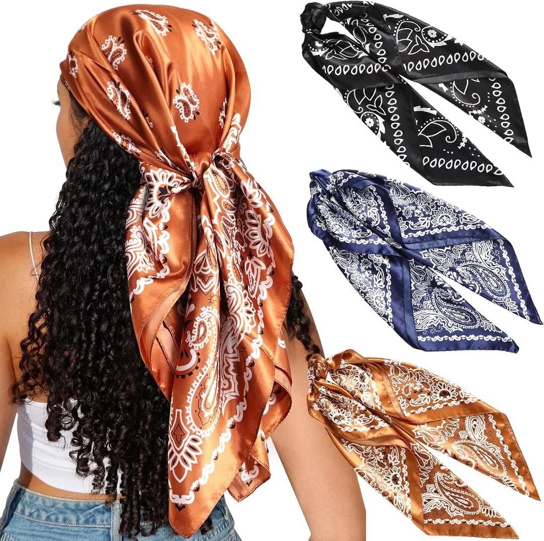 CHLINS 35" Satin Square Hair Scarf Bandanas - 3Pcs Large Silk Head Scarves Lightweight Satin Hair Kerchief Sleeping Hair Wraps for Women (Coffee+Blue+Black)