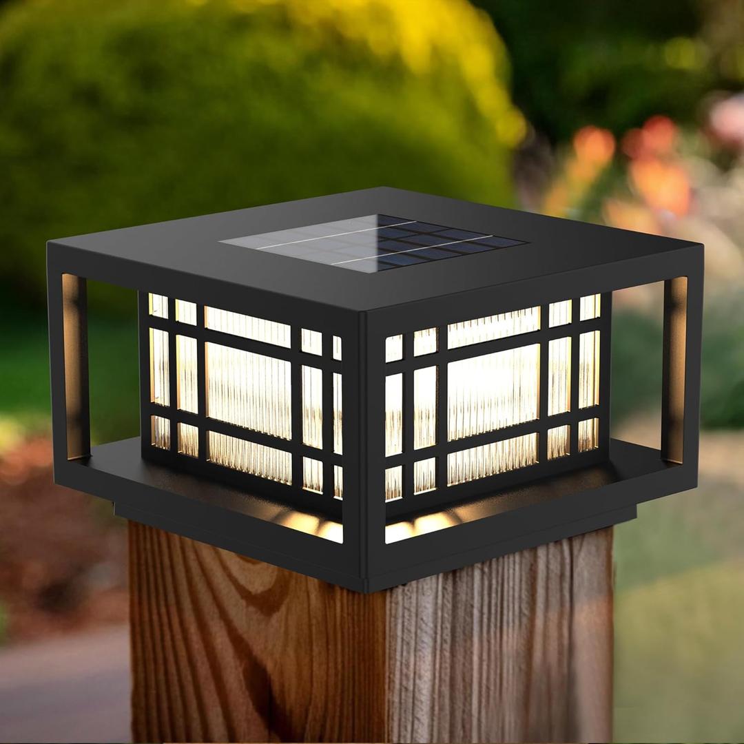HUYIENO Solar Post Cap Lights Large Outdoor Deck Fence Post Lights 50Lumens Brightness Warm/Bright White Lighing Modes for 4x4 5x5 Vinyl Posts, 4x4 5x5 6x6 Wooden Posts (Black, 1pk)