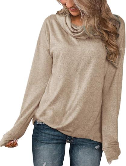 Minthunter Women's Long Sleeve Pullovers Cowl Neck Tunic Shirt Casual Sweatshirt Tops (XXL, Brown)
