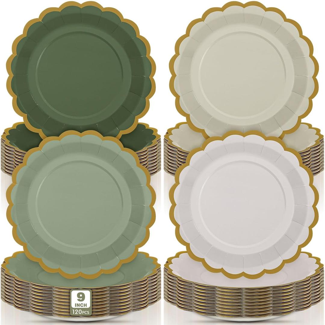 120 Pcs Gradient Sage Green Paper Party Plates 9 Inch Scalloped Disposable Dessert Plates for Coquette Bridal Pink Bow Gender Reveal Wedding Birthday Baby Shower Party Supplies