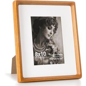 Fun Memories 8x10 Picture Frame, USA-Sourced Teak Wood Photo Frames with HD Tempered Glass, Handcrafted Rounded Corner 8 x 10 Wooden Frames Matted to 5x7 Photos, 8x10 Frame, Tabletop or Wall Display