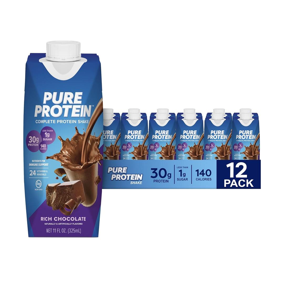 Pure Protein Chocolate Protein Shake, 30g Complete Protein, Ready to Drink and Keto-Friendly, Vitamins A, C, D, and E plus Zinc to Support Immune Health, 11oz Bottles, 12 Pack (EXP 04/28/26)