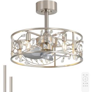 20 Inch Caged Ceiling Fan with Light and Remote, Quiet Reversible AC Motor, 5 ABS Blades, Modern Industrial Crystal Low Profile Small Ceiling Fan Light for Bedroom Home Indoor, Brush Nickle