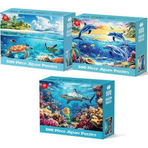 3 Pack Puzzles for Adults 500 Pieces, Sea Turtle Dolphins Sharks Puzzle 500 Piece, Challenging Ocean Jigsaw Puzzles with Letter on Back Poster, Gifts for Adults, Birthday & Game Night 20.5" x 15"