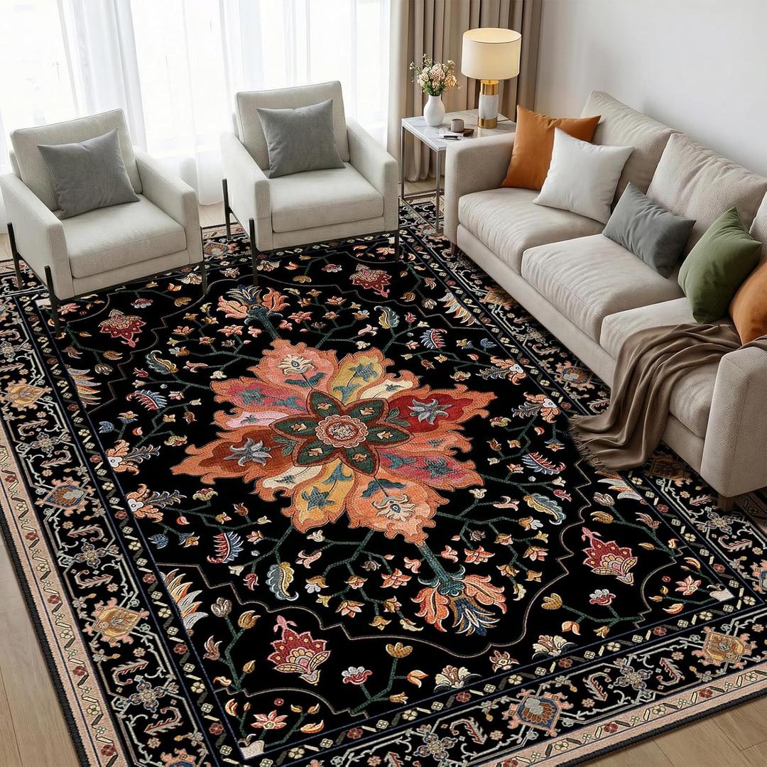 RELEANY Area Rugs 5'x7' Washable Non-Slip, Floral Vintage Distress Print Pattern Medallion Carpet for Living Room Bedroom Dining Room, Black Colorful Floral Dark Tan